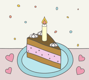 ein Stück Geburtstagskuchen mit Kerze und Konfetti